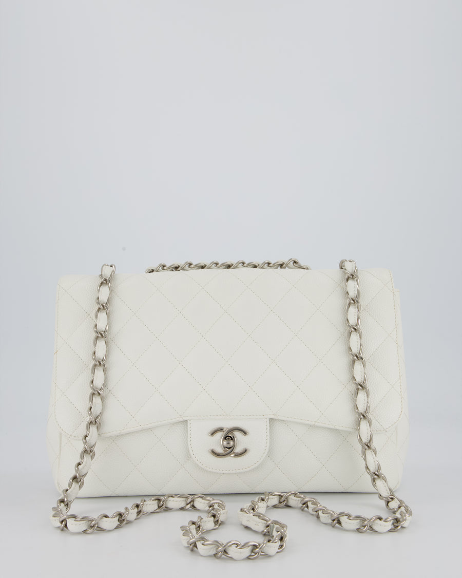 Chanel White Jumbo Classic Single Flap Bag in Caviar Leather with Silver Hardware
