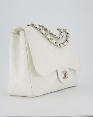 Chanel White Jumbo Classic Single Flap Bag in Caviar Leather with Silver Hardware
