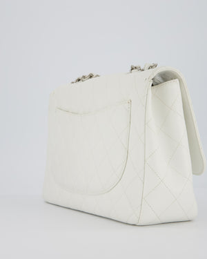 Chanel White Jumbo Classic Single Flap Bag in Caviar Leather with Silver Hardware