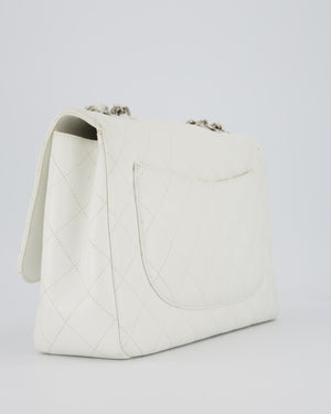 Chanel White Jumbo Classic Single Flap Bag in Caviar Leather with Silver Hardware