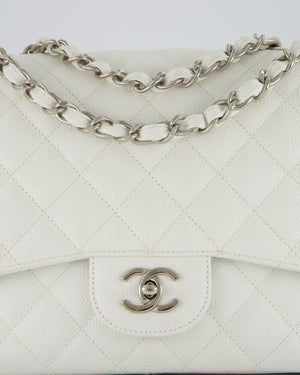 Chanel White Jumbo Classic Single Flap Bag in Caviar Leather with Silver Hardware