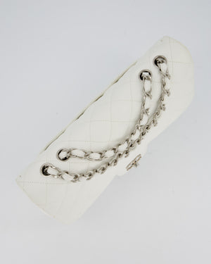 Chanel White Jumbo Classic Single Flap Bag in Caviar Leather with Silver Hardware