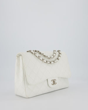 Chanel White Jumbo Classic Single Flap Bag in Caviar Leather with Silver Hardware