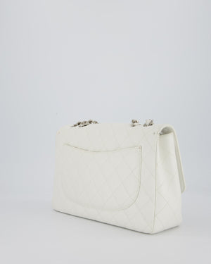 Chanel White Jumbo Classic Single Flap Bag in Caviar Leather with Silver Hardware