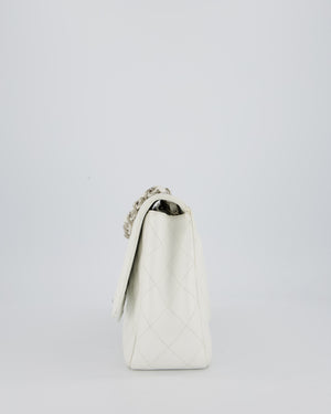 Chanel White Jumbo Classic Single Flap Bag in Caviar Leather with Silver Hardware