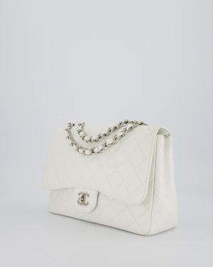 Chanel White Jumbo Classic Single Flap Bag in Caviar Leather with Silver Hardware