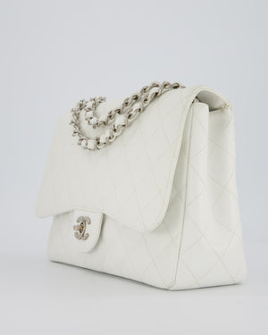 Chanel White Jumbo Classic Single Flap Bag in Caviar Leather with Silver Hardware