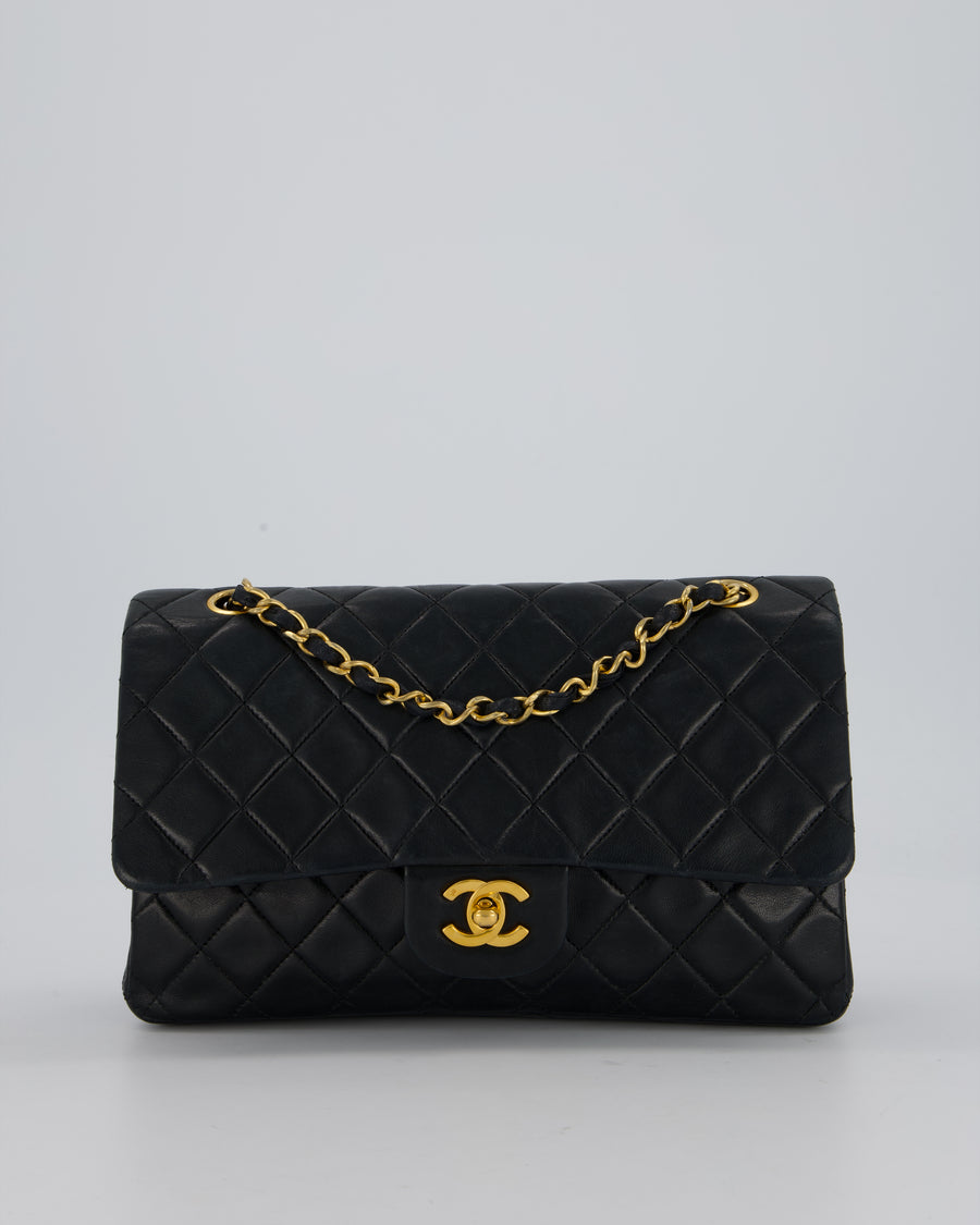 Chanel Vintage Navy Medium Classic Double Flap Bag in Lambskin Leather with 24K Gold Hardware