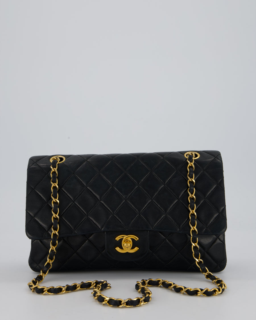 Chanel Vintage Navy Medium Classic Double Flap Bag in Lambskin Leather with 24K Gold Hardware