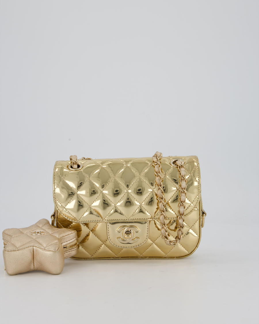 Chanel Hollywood Boulevard Metallic Mirror Mini Flap Bag in Gold Mirror Metallic Calfskin with Gold Hardware and Star Coin Purse
