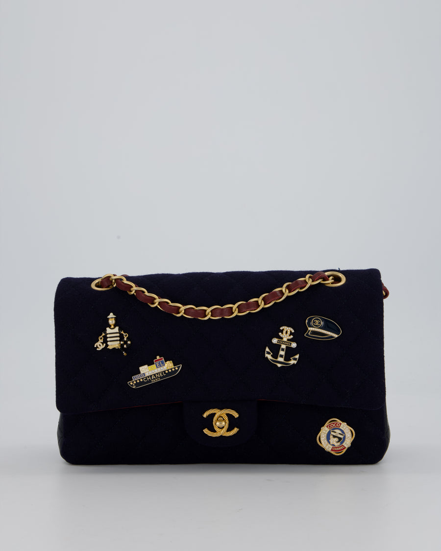 *RARE* Chanel Navy & Burgundy Métiers des Arts Paris-Hamburg Medium Double Flap Bag In Wool & Leather With Nautical Charms And Burgundy Lambskin Leather Strap