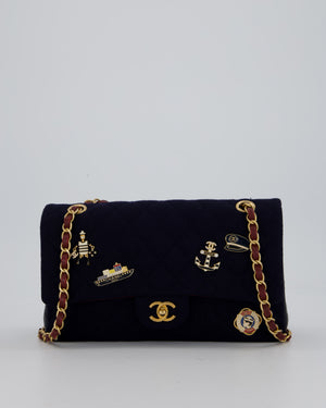 *RARE* Chanel Navy & Burgundy Métiers des Arts Paris-Hamburg Medium Double Flap Bag In Wool & Leather With Nautical Charms And Burgundy Lambskin Leather Strap