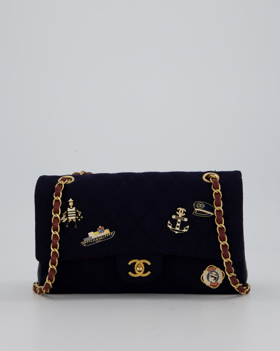 *RARE* Chanel Navy & Burgundy Métiers des Arts Paris-Hamburg Medium Double Flap Bag In Wool & Leather With Nautical Charms And Burgundy Lambskin Leather Strap