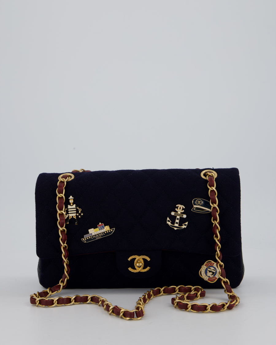 *RARE* Chanel Navy & Burgundy Métiers des Arts Paris-Hamburg Medium Double Flap Bag In Wool & Leather With Nautical Charms And Burgundy Lambskin Leather Strap