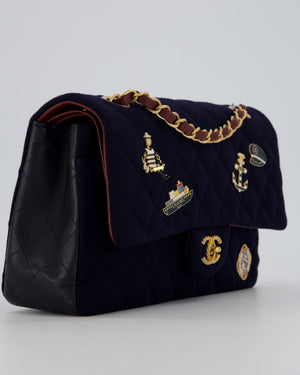 *RARE* Chanel Navy & Burgundy Métiers des Arts Paris-Hamburg Medium Double Flap Bag In Wool & Leather With Nautical Charms And Burgundy Lambskin Leather Strap