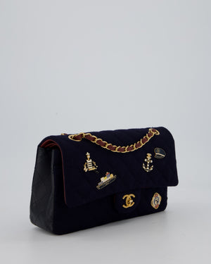 *RARE* Chanel Navy & Burgundy Métiers des Arts Paris-Hamburg Medium Double Flap Bag In Wool & Leather With Nautical Charms And Burgundy Lambskin Leather Strap