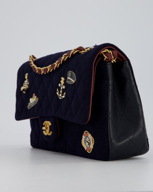 *RARE* Chanel Navy & Burgundy Métiers des Arts Paris-Hamburg Medium Double Flap Bag In Wool & Leather With Nautical Charms And Burgundy Lambskin Leather Strap