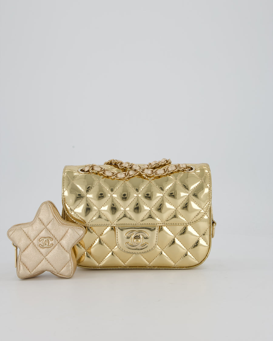 Chanel Hollywood Boulevard Metallic Mirror Mini Flap Bag in Gold Mirror Metallic Calfskin with Gold Hardware and Star Coin Purse