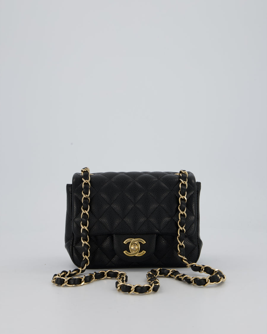 Chanel Mini Square Flap Bag In Black Caviar Leather With Gold Hardware