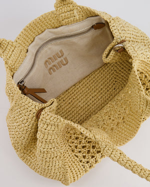 Miu Miu Beige Crochet Raffia Small Rete Top-Handle Bag with Logo Detail
