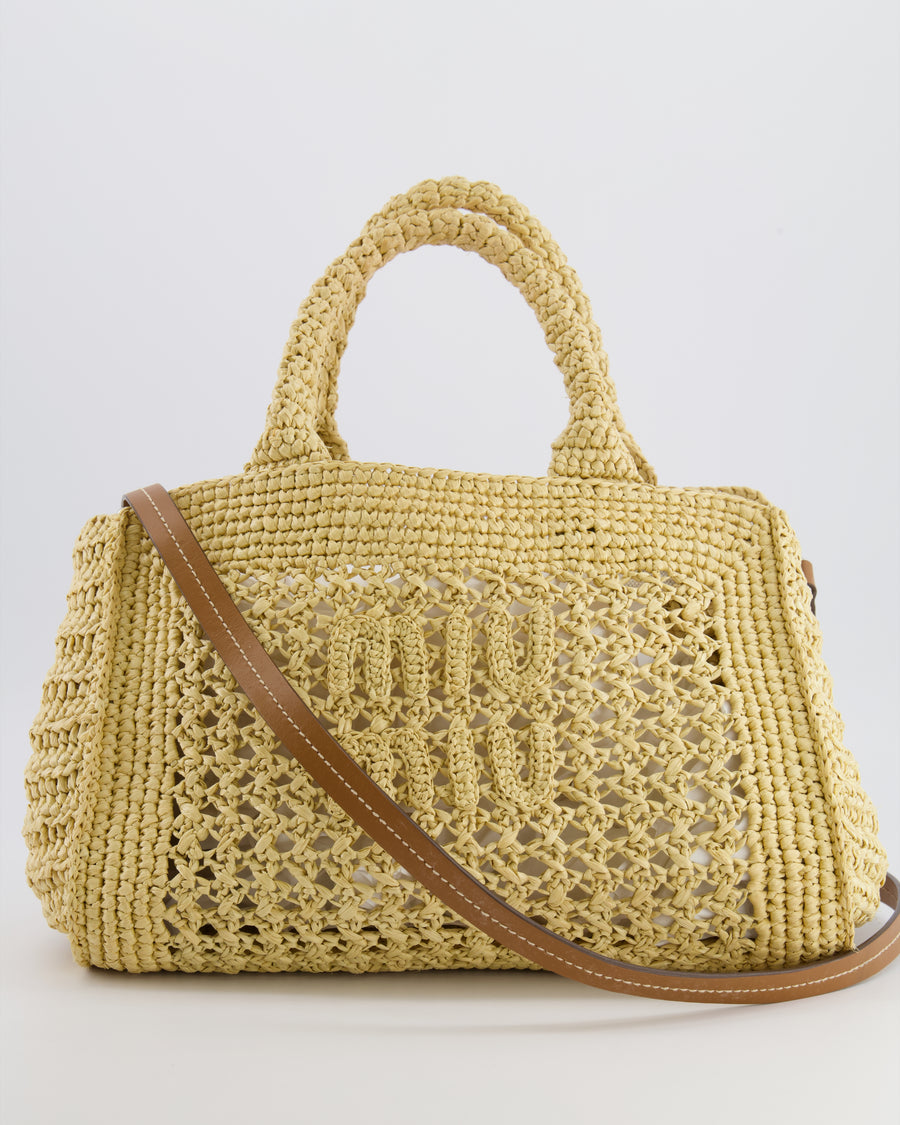 Miu Miu Beige Crochet Raffia Small Rete Top-Handle Bag with Logo Detail