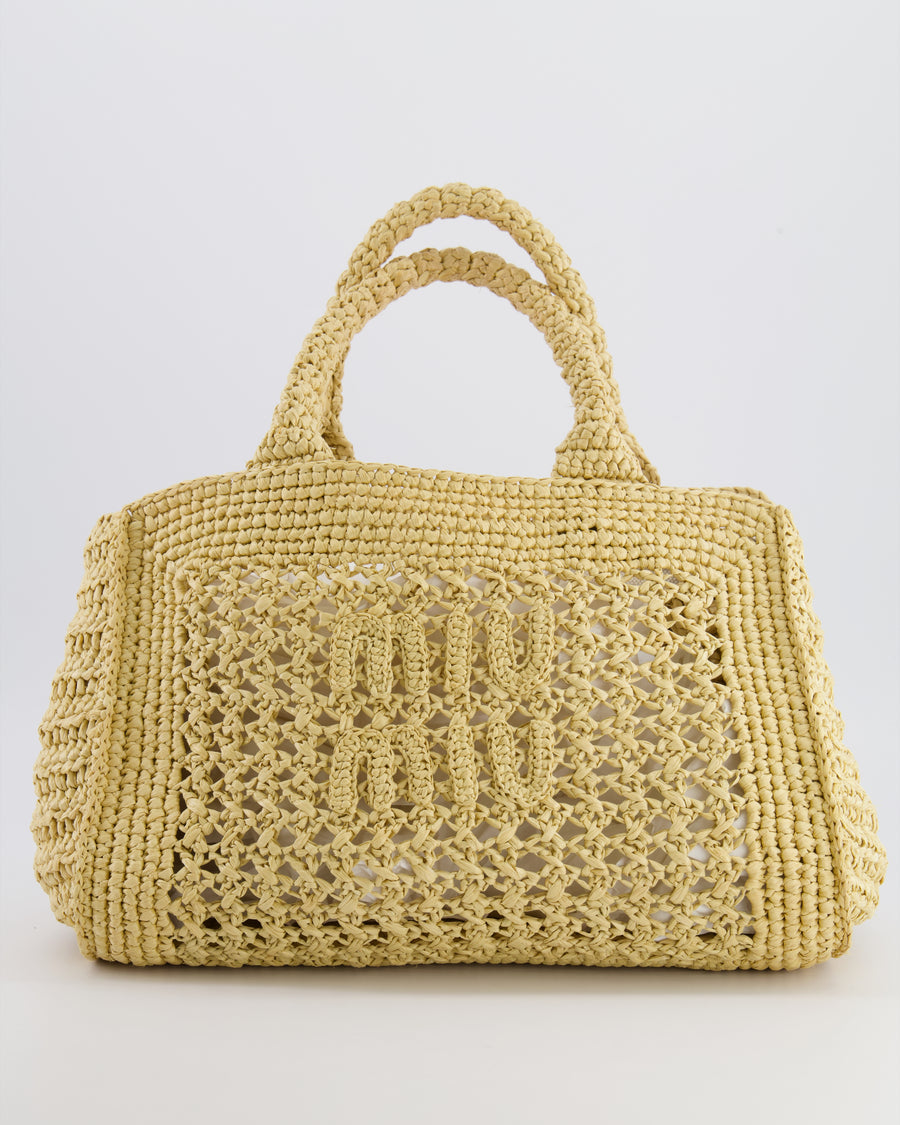 Miu Miu Beige Crochet Raffia Small Rete Top-Handle Bag with Logo Detail