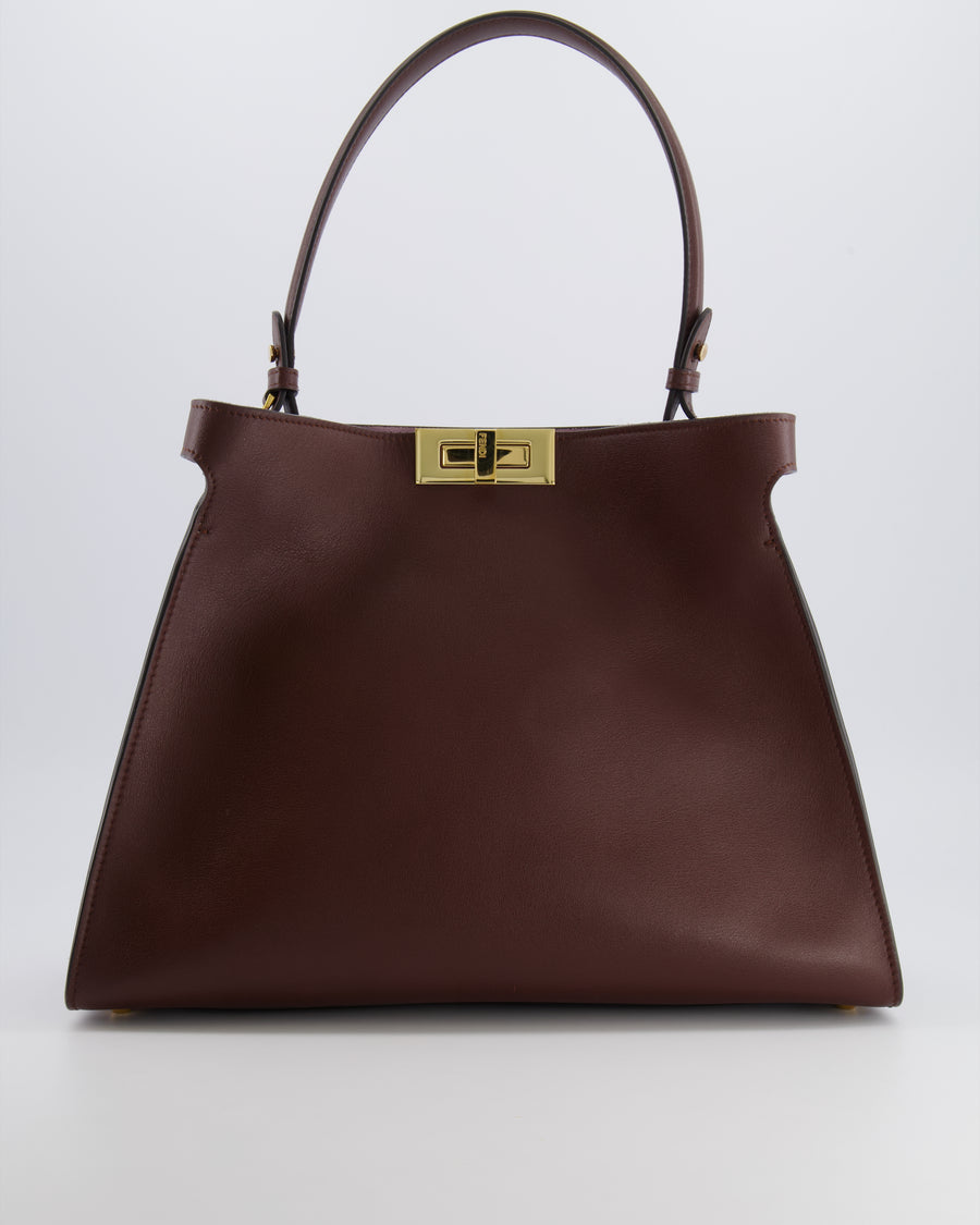 Fendi Way Medium Tote Bag in Dark Brown Leather with Lilac Suede Interior and Gold Hardware