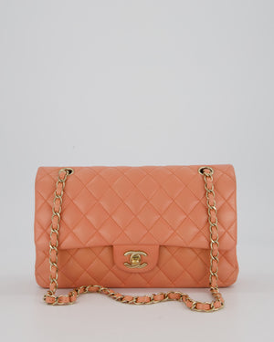 Chanel Peach Pink Medium Classic Double Flap Bag in Lambskin Leather with Champagne Gold Hardware