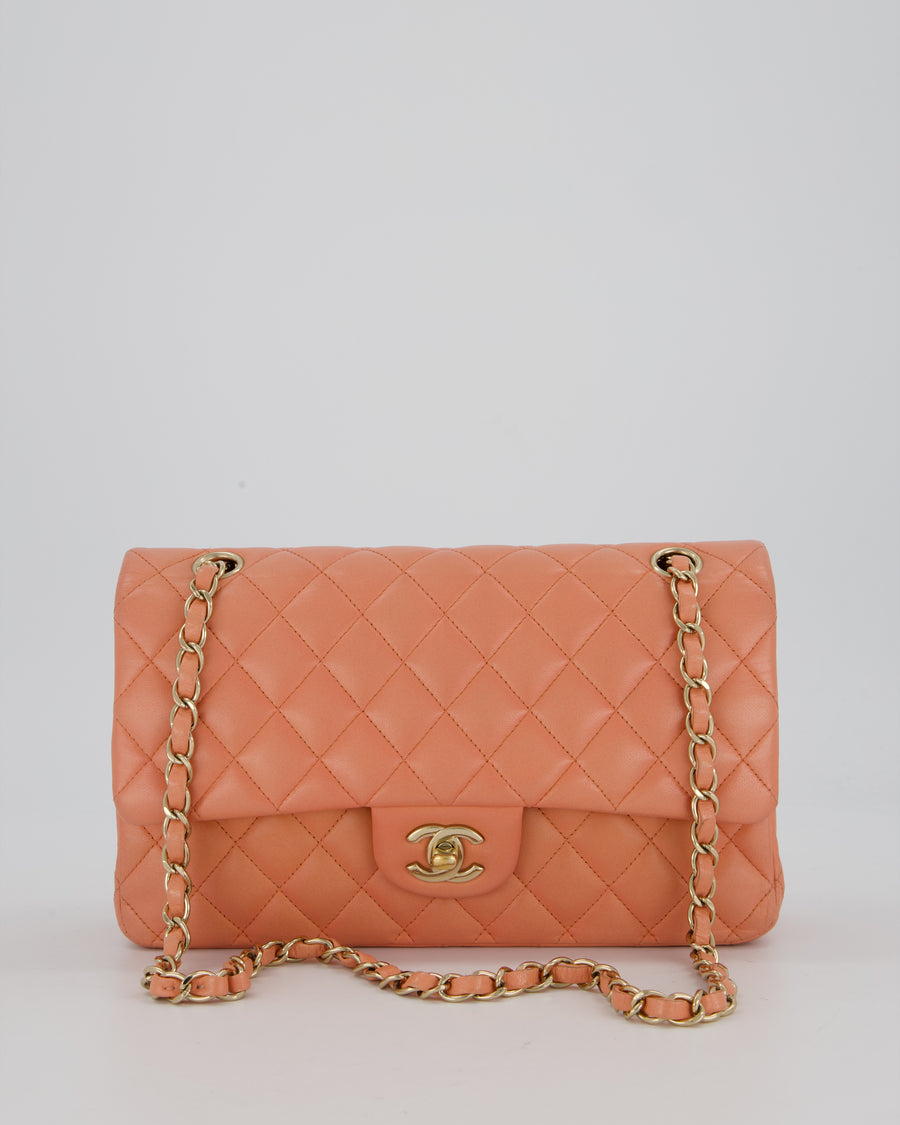 Chanel Peach Pink Medium Classic Double Flap Bag in Lambskin Leather with Champagne Gold Hardware