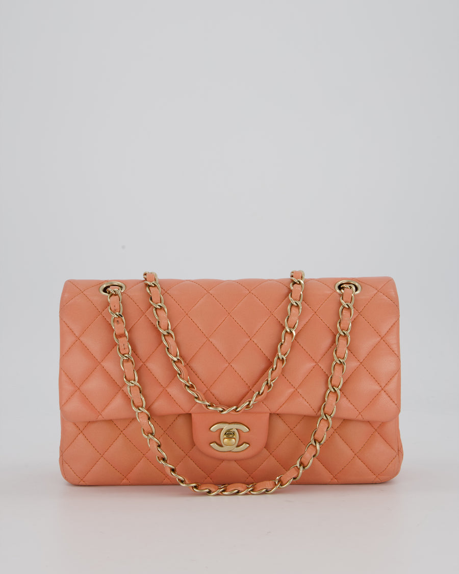 Chanel Peach Pink Medium Classic Double Flap Bag in Lambskin Leather with Champagne Gold Hardware