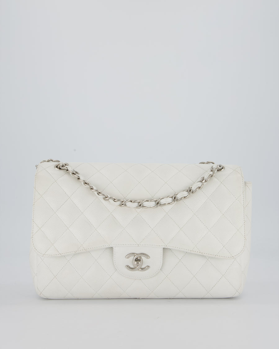 Chanel Jumbo Classic Double Flap Bag in White Caviar Leather with Silver Hardware