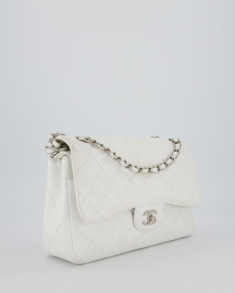 Chanel Jumbo Classic Double Flap Bag in White Caviar Leather with Silver Hardware
