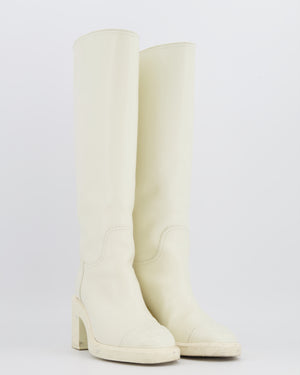 Chanel White Leather Knee-High Heeled Boots with CC Logo Detail and Gold Back CC Logo Size EU 37C