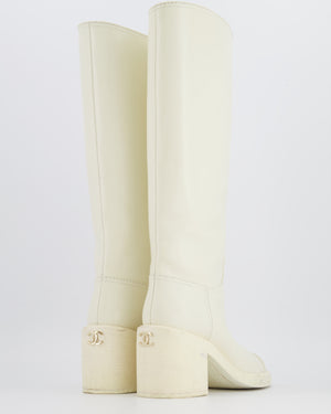 Chanel White Leather Knee-High Heeled Boots with CC Logo Detail and Gold Back CC Logo Size EU 37C