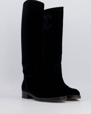 Chanel Black Velvet Knee-High Boots with Grosgrain CC Logo Detail Size EU 37