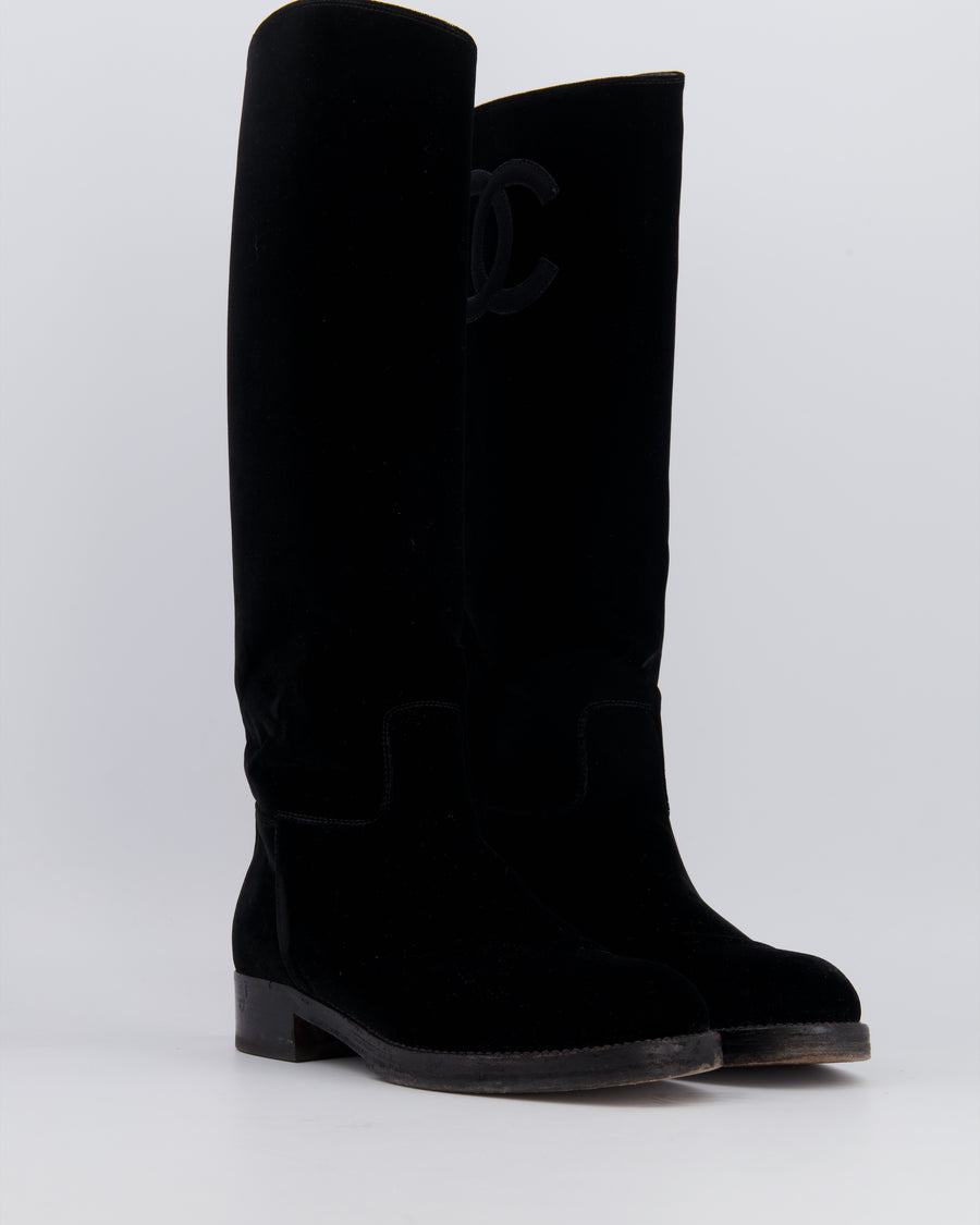 Chanel Black Velvet Knee-High Boots with Grosgrain CC Logo Detail Size EU 37