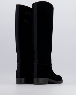 Chanel Black Velvet Knee-High Boots with Grosgrain CC Logo Detail Size EU 37