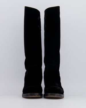 Chanel Black Velvet Knee-High Boots with Grosgrain CC Logo Detail Size EU 37