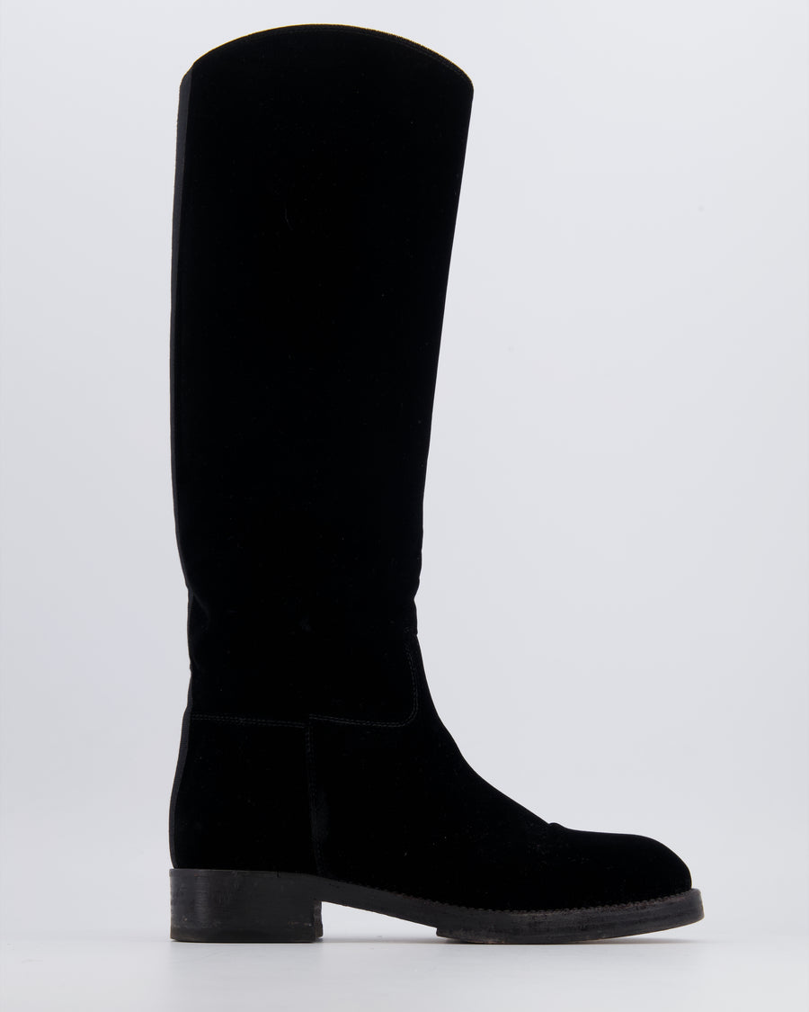 Chanel Black Velvet Knee-High Boots with Grosgrain CC Logo Detail Size EU 37