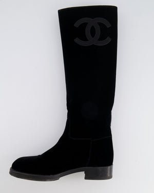 Chanel Black Velvet Knee-High Boots with Grosgrain CC Logo Detail Size EU 37