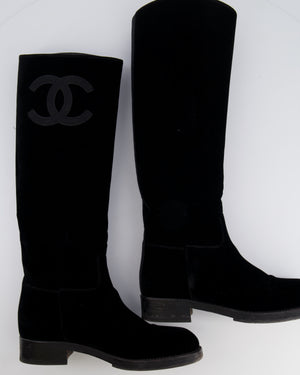 Chanel Black Velvet Knee-High Boots with Grosgrain CC Logo Detail Size EU 37