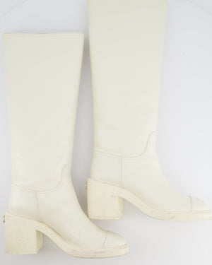 Chanel White Leather Knee-High Heeled Boots with CC Logo Detail and Gold Back CC Logo Size EU 37C