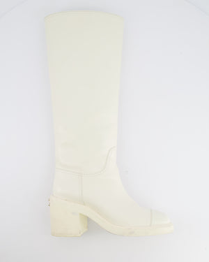 Chanel White Leather Knee-High Heeled Boots with CC Logo Detail and Gold Back CC Logo Size EU 37C