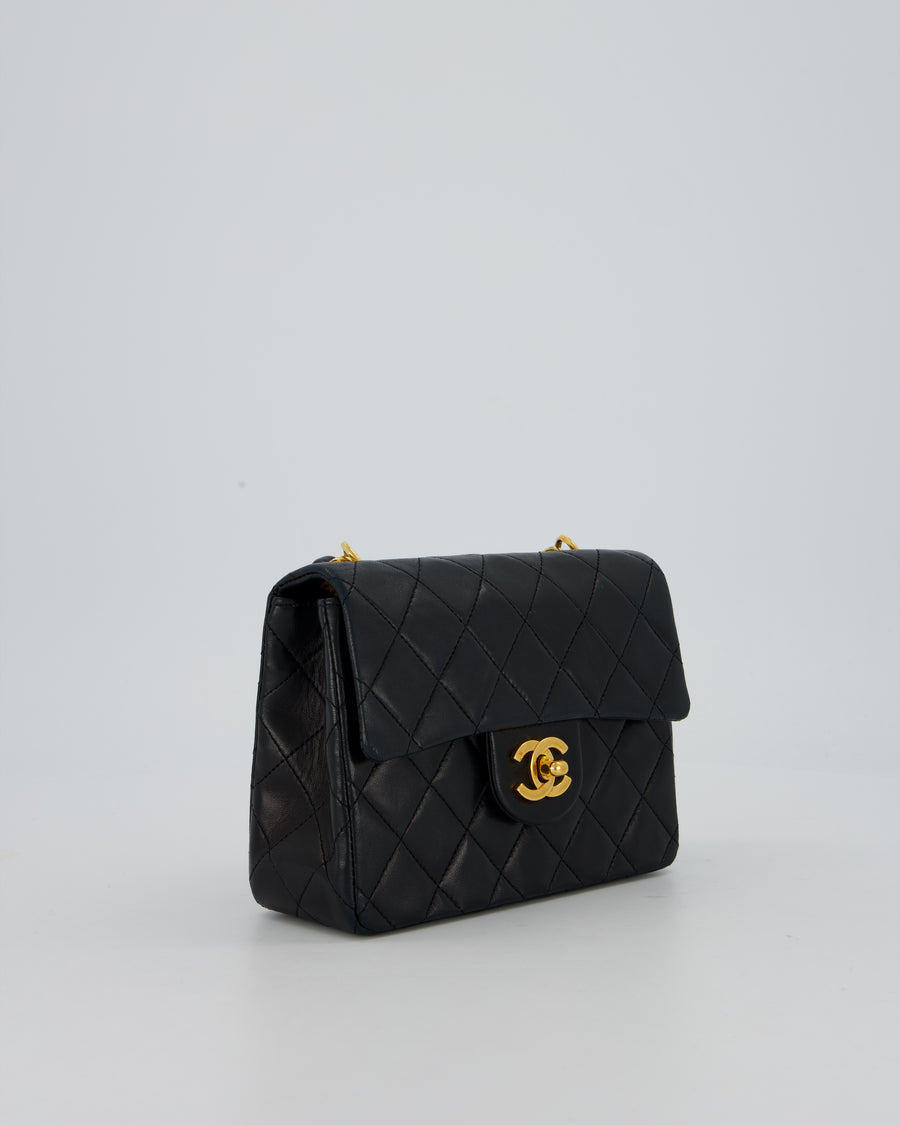 Chanel Black Mini Square Top Handle Bag in Lambskin Leather with 24K Gold Hardware
