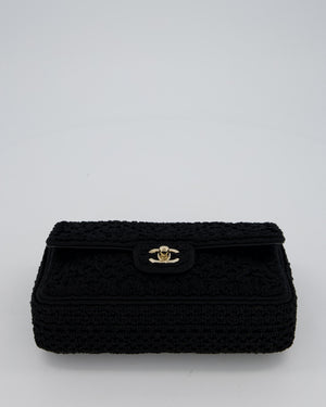 Chanel Black Crochet Small Classic Single Flap Bag in Woven Cotton and Lambskin Leather with Champagne Gold Hardware