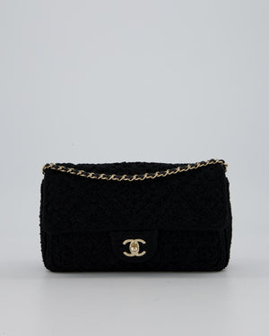 Chanel Black Crochet Small Classic Single Flap Bag in Woven Cotton and Lambskin Leather with Champagne Gold Hardware
