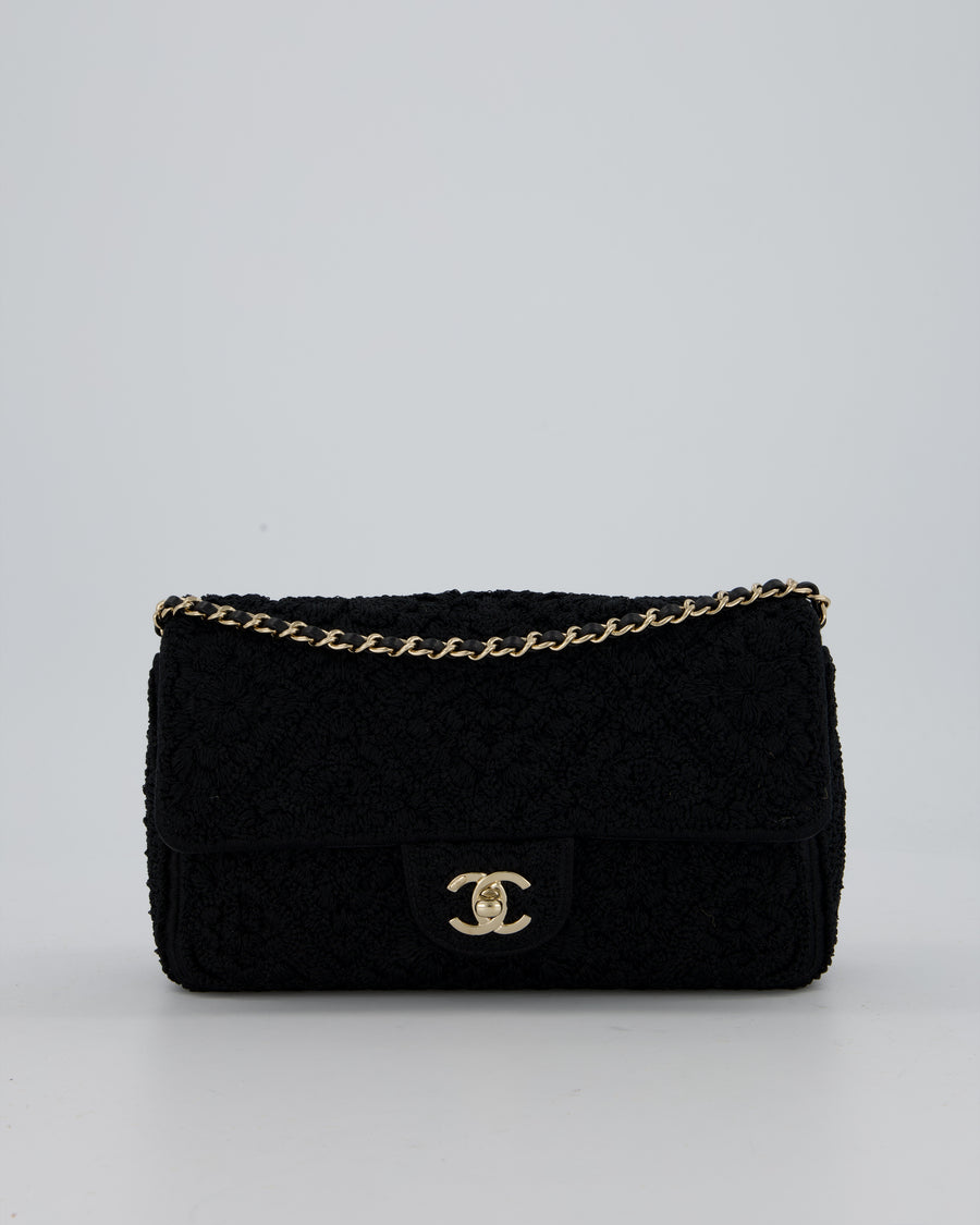 Chanel Black Crochet Small Classic Single Flap Bag in Woven Cotton and Lambskin Leather with Champagne Gold Hardware