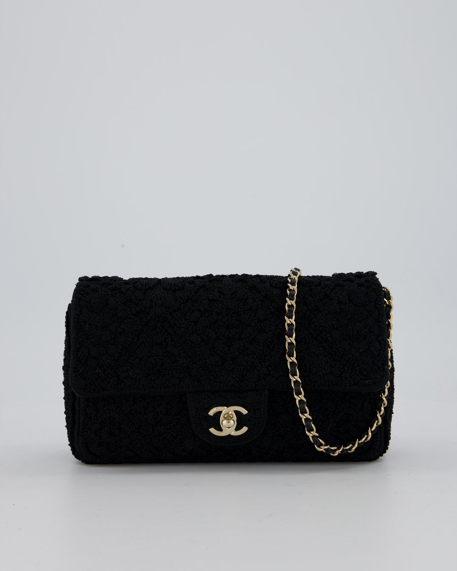 Chanel Black Crochet Small Classic Single Flap Bag in Woven Cotton and Lambskin Leather with Champagne Gold Hardware