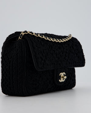Chanel Black Crochet Small Classic Single Flap Bag in Woven Cotton and Lambskin Leather with Champagne Gold Hardware