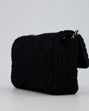Chanel Black Crochet Small Classic Single Flap Bag in Woven Cotton and Lambskin Leather with Champagne Gold Hardware